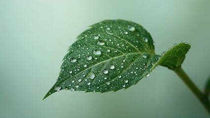 Poster - Moisture droplets resting on a vibrant green leaf.