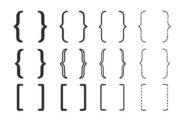 Leinwandbilder - Vector set of black bracket and brace symbols in different styles. Graphic element collection for typography and design, including solid, outline, and dashed icons.