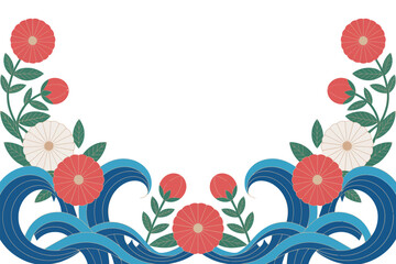 Poster - A decorative illustration featuring red and white flowers with blue waves on a white background design art