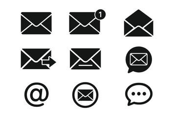 Aufkleber - Black monochrome email and envelope icon set with notification badge, open message symbol, sent mail arrow, at sign, chat bubble, digital correspondence UI vector illustration