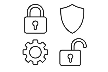 Poster - Cybersecurity outline icon set with closed padlock, unlocked padlock, shield emblem and gear symbol, depicting data protection, privacy lock, secure access vector illustration