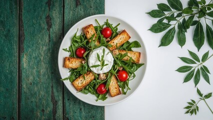 Poster - Scrumptious burrata salad displayed on a green wooden tabletop, aerial view including space for text