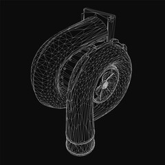 Poster - A 3D wireframe model of a centrifugal pump displays intricate mechanical components against a black background. The detailed turbine structure highlights blades, housing, and internal mechanisms.