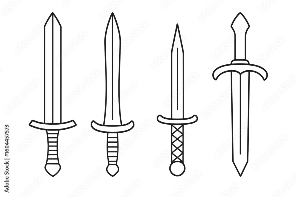 Medieval sword outline vector set: simple black line art broadsword ...