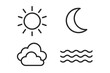 © Jane - Minimalist weather icon set with sun, crescent moon, cloud and ocean wave symbols, sleek monochrome line art on transparent background, versatile climate pictograms for UI, forecast apps, infographics