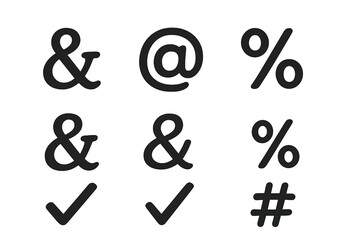 Poster - Hand-drawn punctuation icon set: ampersand, at sign, percent, checkmark, hashtag. Bold black vector symbols for social media graphics, branding, web UI and typography design.
