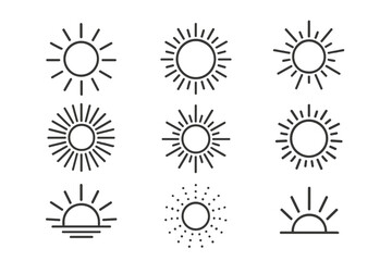 Poster - Sun icon set collection sunburst rays line art black white vector illustrations. Minimalist outline symbols sunrise sunset solar light shine modern retro style graphics