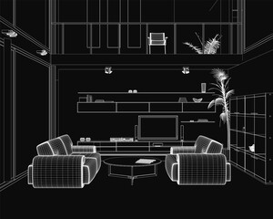 Poster - Wireframe living room sketch features two sofas, a central table, and a television. Shelves display various decorative objects while a potted plant adds greenery.