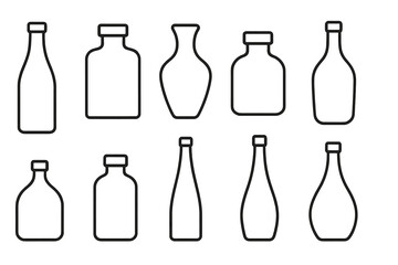 Aufkleber - Set of various bottle shapes. Collection of outline icons for drinks, alcohol, or potions. Minimalist vector illustration of different glass container silhouettes.