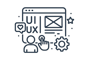 Aufkleber - User-friendly interface UX UI vector illustration with modern digital dashboard layout, interactive wireframe icons, responsive design elements, isolated on transparent background
