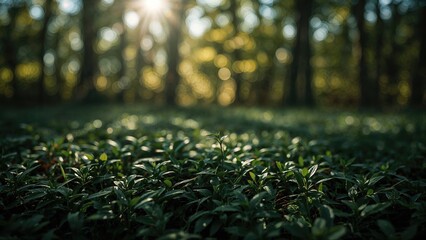Poster - Selective focus on green leaves in a dim forest environment in spring, with a horizontal blurry banner for text space.