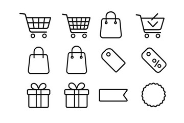 Aufkleber - Minimal thin line e-commerce icon set with shopping cart, checkout basket, retail bag, price tag, discount label, gift box, ribbon badge outline symbols for online store UI