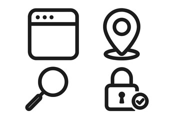 Aufkleber - Web app interface icons set. Location pin, search magnifying glass, browser window, security lock with checkmark. UI UX line vector symbols for digital design