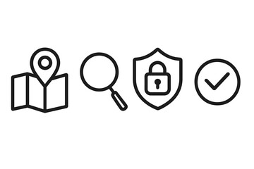 Poster - Minimalist vector icons set for UI and web: map pin location marker, magnifying glass search, padlock shield cybersecurity, check mark approval symbol on transparent background illustration