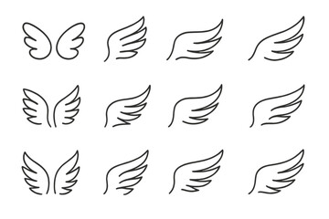 Aufkleber - Angel and bird wing outline icons set, minimalist abstract line art, thin stroke tattoo shapes, flying symbol logo elements for branding, web UI, print and packaging design vector