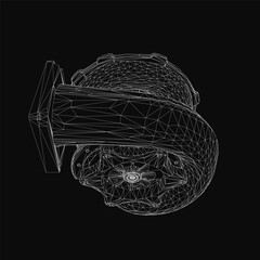 Poster - A 3D wireframe model of a turbocharger turbine with intricate mechanical details, rendered realistically on a sleek black background. The aerodynamic design features complex curves and precise.