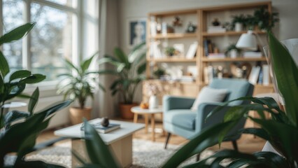 Poster - Fuzzy Background Image of a Comfortable Living Area with Natural Illumination, Plants, and Books
