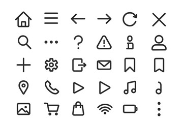 Poster - UI UX icon set. Essential line icons for mobile app and web design. Basic symbols for user interface navigation. Includes home, menu, user, search, settings, arrow icons.