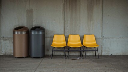 Poster - Public transportation waiting area featuring bright yellow seating and waste bins