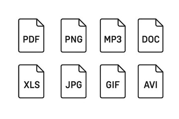 Poster - Minimal Line File Format Icon Set Featuring PDF, PNG, MP3, DOC, XLS, JPG, GIF, AVI. Outline Document Symbols Collection. Vector File Extension Icons for Web, App, UI, Tech Design