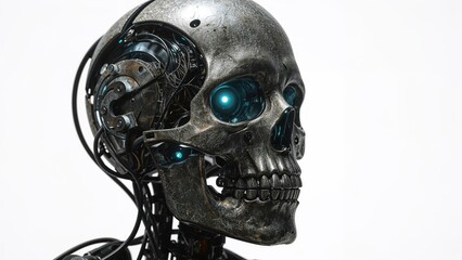 Poster - AI-generated metallic skull of a cyborg displayed on a white background