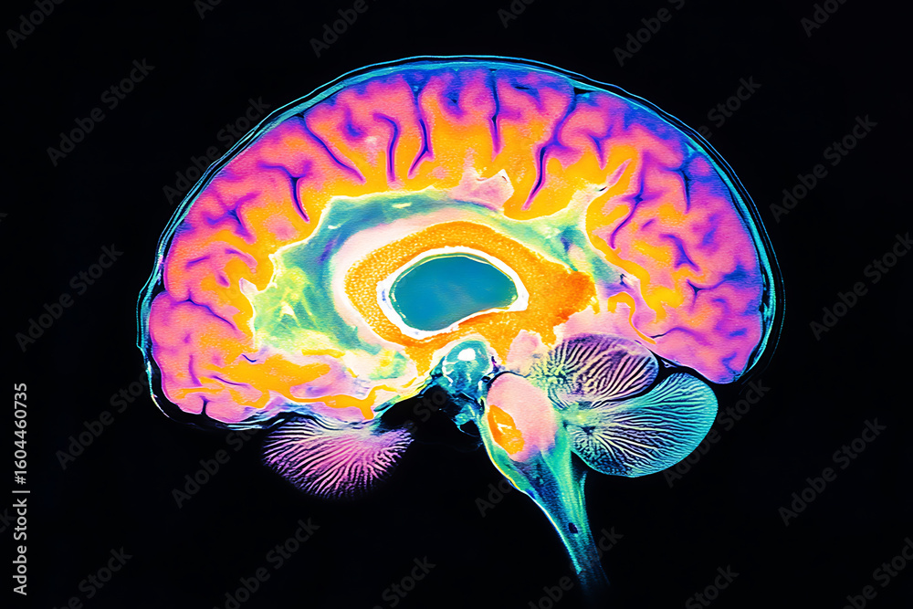 Vibrant Scan of a Human Brain: A colorful depiction showing intricate ...