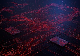 Poster - Futuristic Circuit Board with Red and Blue Neon Lights in Dark Environment