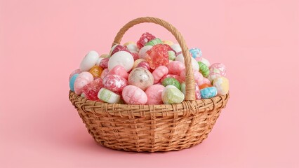 Poster - Artistic image of a basket filled with candies set on a pink surface