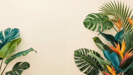 Poster - Bright tropical foliage artfully arranged on a pale background. Simple summer design with plenty of room for text.