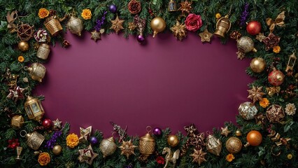 Fototapete - Visual representation of a Jewish carnival celebration with a purple wooded setting viewed from above horizontally