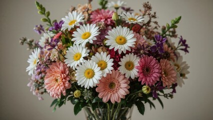 Poster - Vibrant floral arrangement featuring daisies and a variety of blooms in a decorative vase, ideal for festive events and heartfelt messages.