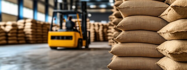 Poster - Efficient Logistics in Supply Chain Management Featuring a Forklift Handling Coffee Bags in a Warehouse Environment