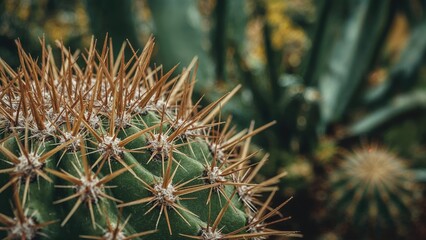 Poster - Close-up image of prickly cactus spikes with a leafy backdrop