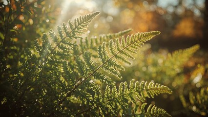Aufkleber - Detailed view of fern foliage during fall in a woodland setting, featuring a soft focus and artistic bokeh from a retro lens