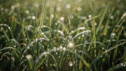 Poster - Macro shot of wet grass with morning dew under sunlight
