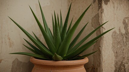 Poster - Potted aloe vera captured close to a nearby edifice.