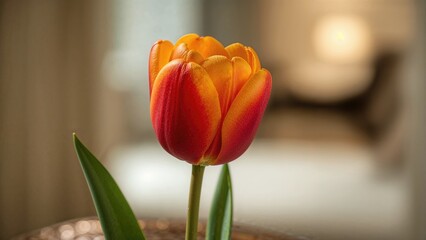 Poster - Macro shot of a bright tulip featuring red and yellow hues indoors