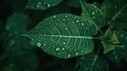Poster - Macro image of a green leaf with dew drops, seen from above, representing ecological and natural elements with an abstract background.