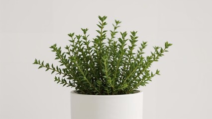 Poster - Zoomed-in photo of a decorative green foliage plant with fine pointed leaves in a simple white pot, suitable for plant retail and website enhancements.