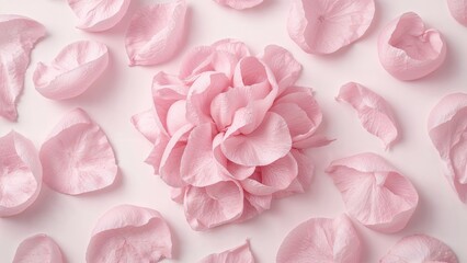 Wall Mural - Detailed overhead shot of delicate, light petals against a white backdrop. Theme of affection. Flat lay style.