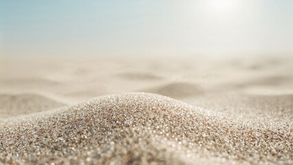 Poster - Close-up of sand grains with a soft-focus ocean and sky backdrop, sunny day, space for text or product placement. Wide shot.