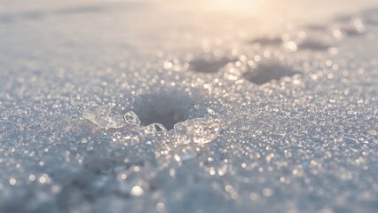Poster - Close-up capture of frozen crystal edges lining shoe sole indentations in the calm morning glow