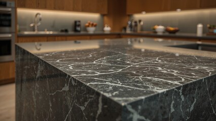 Poster - Close-up shot of a modern kitchen island featuring a marble stone countertop with a softly blurred kitchen background