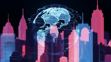 Poster - A digital Earth floats above a cityscape of pink and blue skyscrapers