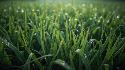 Poster - Detailed View of Dewy Dense Grass at Dawn