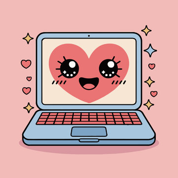 Cute laptop with heart face on screen surrounded by hearts and stars on a pink background
