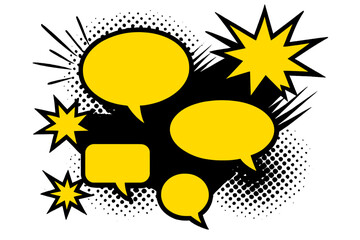 Aufkleber - Pop art comic speech bubble set. Yellow talk balloons and starburst explosions for message, dialogue or quote. Retro cartoon vector design with halftone effect background.
