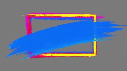 Poster - Abstract design with a pink and blue outlined rectangle over a yellow brush stroke against a gray background
