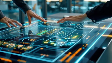 Poster - Two hands actively engage with an advanced touchscreen interface displaying intricate data patterns and controls in a modern environment