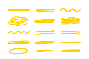 Poster - Vibrant Yellow Hand Drawn Brush Stroke Underlines, Scribble Highlighter Swashes, Marker Divider Elements, Editable Bold Emphasis Line Collection, Isolated Vector Set for Text Design